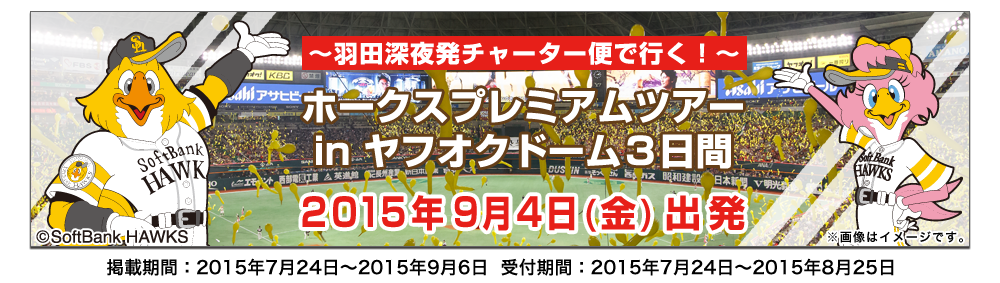 ～羽田深夜発チャーター便で行く！～ホークスプレミアムツアーｉｎヤフオクドーム３日間 掲載期間：2015年7月24日～2015年9月6日 受付期間： 2015年7月24日～2015年8月25日 画像はイメージです。
