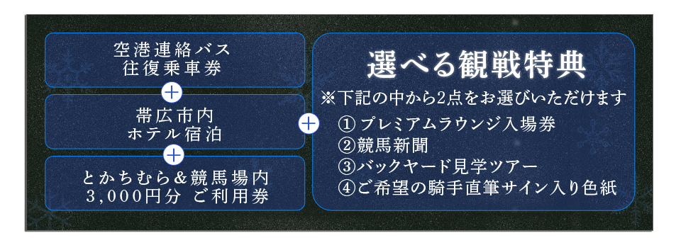 ・空港連絡バス往復乗車券・帯広市内ホテル宿泊・とかちむら&競馬場内3,000円分ご利用券・「選べる観戦特典」※2点をお選びいただけます(プレミアムラウンジ入場券/競馬新聞/バックヤード見学ツアー/ご希望の騎手直筆サイン入り色紙)